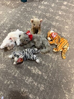 Ty Beanie Babies Plush Lot - Tiger, Zebra, Dog, Cat, Lamb - Multi Color